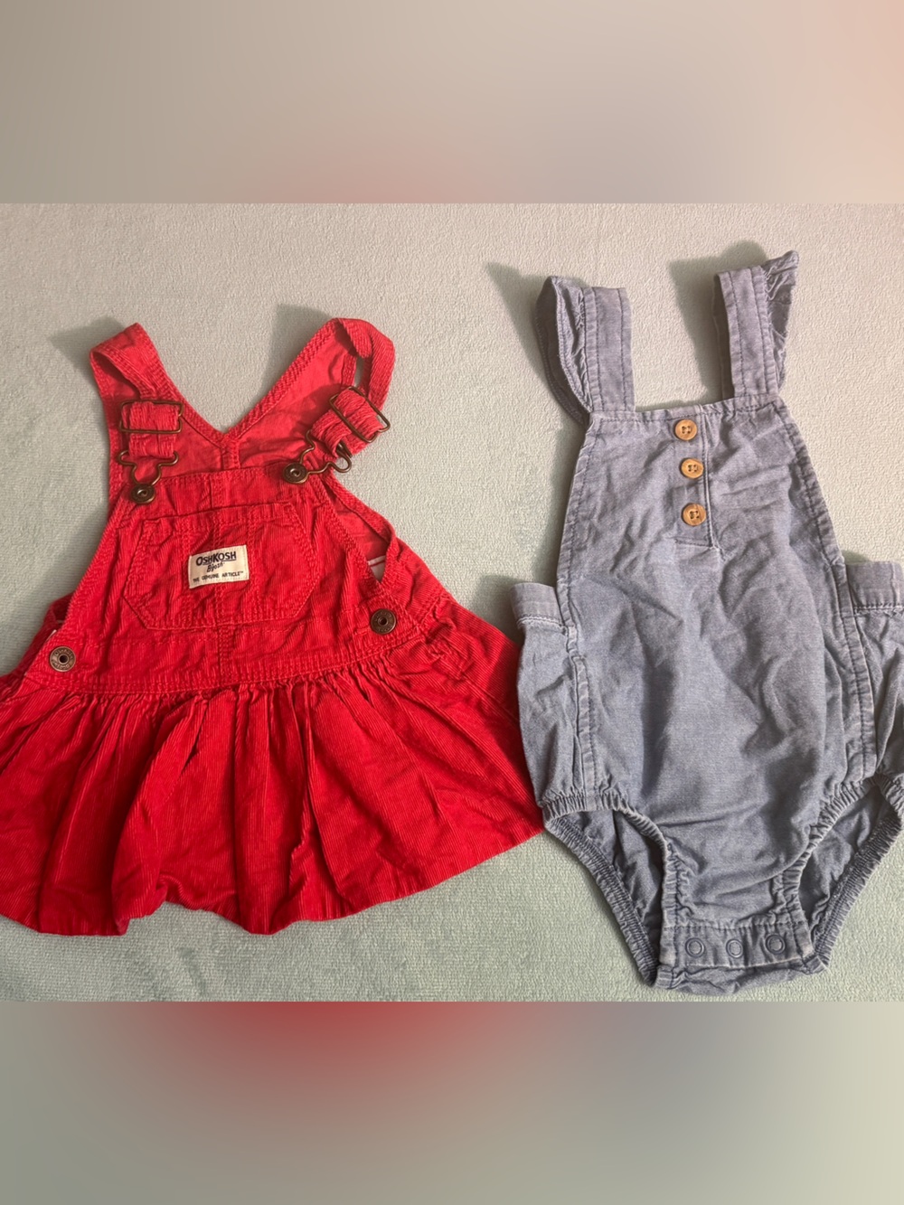 OshKosh B'gosh Red Corduroy Pinafore and Gray Overalls Set